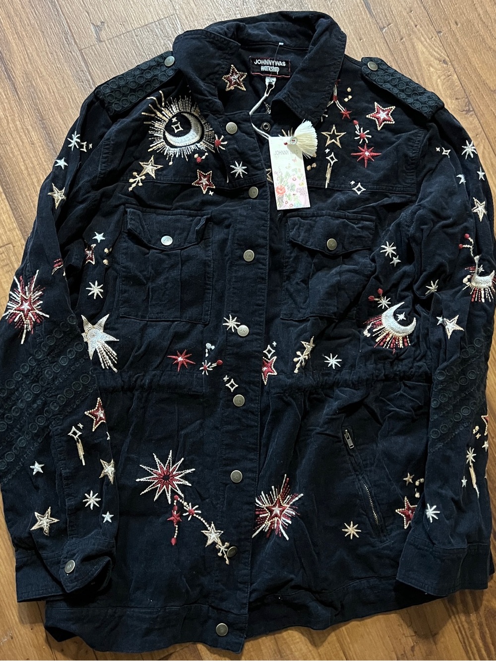 Johnny Was Jacket Size M Telesto Military Black Corduroy Celestial Embroidered